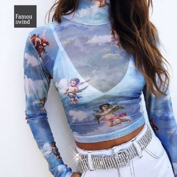 

футболка с длинным рукавом женщины see through sheer mesh печать top ladies printed sexy модный top тройники рубашки женские, White