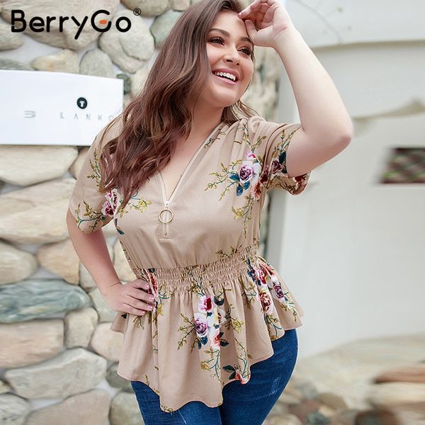

berrygo women blouse bohemian floral print plus size shirt v-neck elastic high waist female summer casual chiffon blouse, White