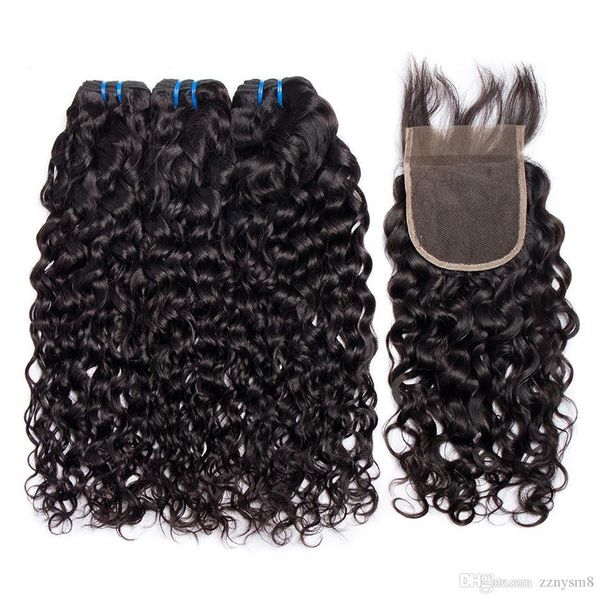 

hair brazilian water wave bundles with closure 100% human hair bundles with closure remy hair 3 bundles with closure, Black