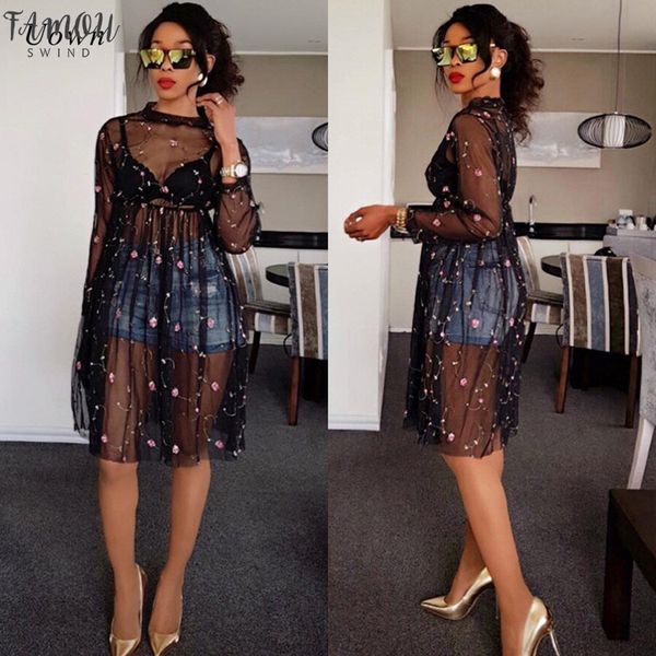 

black sheer mesh dress women autumn 2020 floral embroidery long sleeve knee length a line dress see through dress clubwear, Black;gray