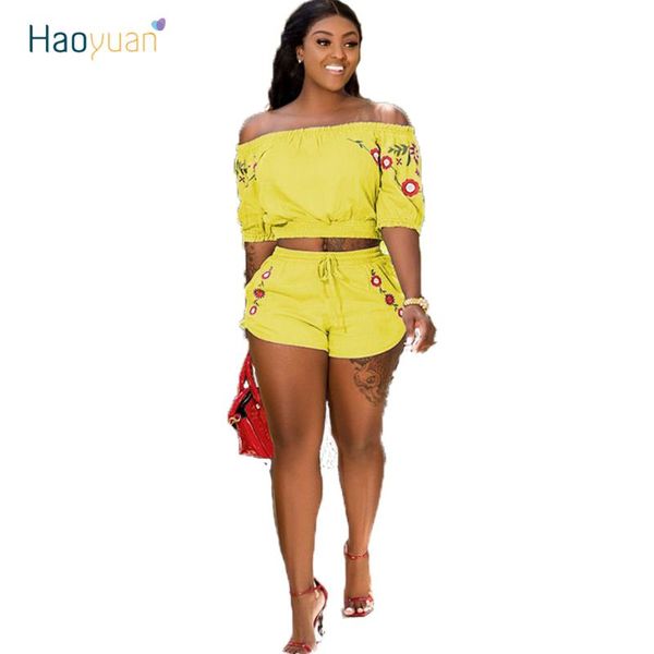 

haoyuan печать две пьесы set summer 2020 новый сексуальный с плеча crop топ и шорты нижнее костюмы 2 piece set tracksuit женщин, Gray