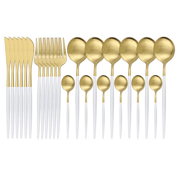

24pcs white gold matte dinnerware set 304 stainless steel knife fork spoon silverware cutlery set kitchen flatware tableware set t200430