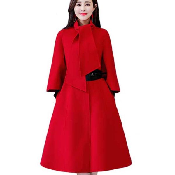 

autumn winter vintage stand collar woolen coat women slim a-line flare sleeve wool blends coat, Black