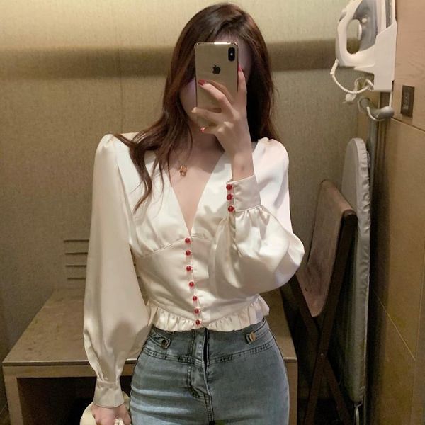 

puff sleeve red buttons romance low cut blouse short style ruched spring petite shirt women chemise femme blusa mujer, White