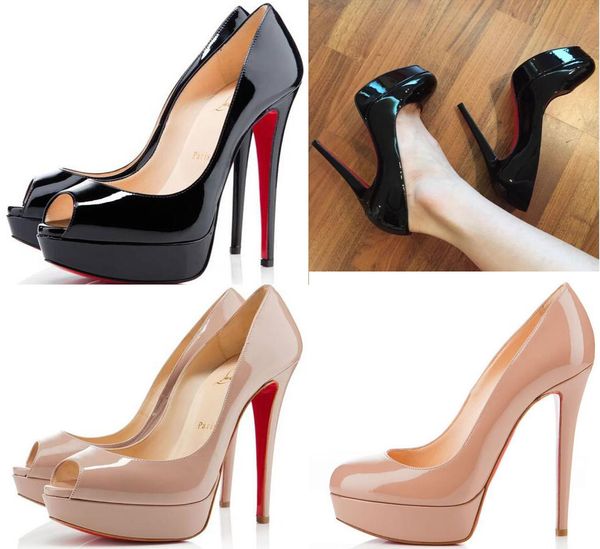 

classic brand red bottom high heels 14cm heels platform pumps nude/black patent leather peep-toe women dress sandals shoes size 35-42