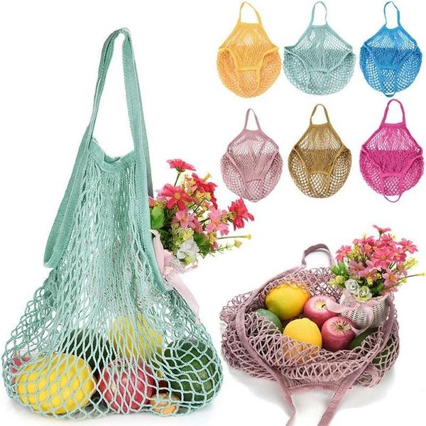 

pink reusable grocery produce bags cotton mesh ecology market string net shopping tote bag kitchen fruits vegetables hanging bag