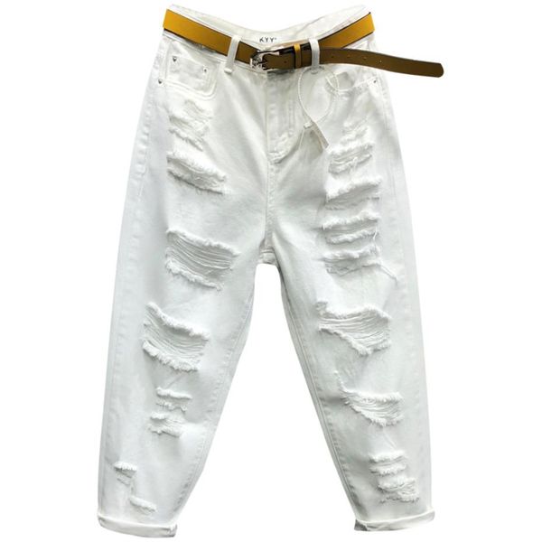 

2019 vintage ripped jeans women high waist loose boyfriend jeans plus size white hole harem pants, Blue