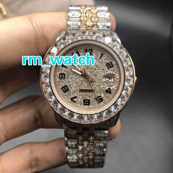 

full iced out two tone watch men's automatic diamonds rose gold watches 40mm diamonds dial works smooth hands wristwatch new style watc, Slivery;brown