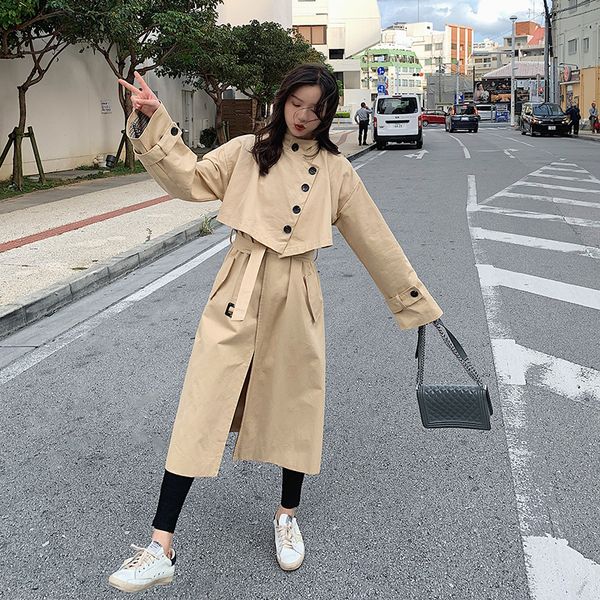 

2020 spring autumn women stand collar trench coat with belt ladies korean plus size chic windbreaker shawl splice long overcoat, Tan;black