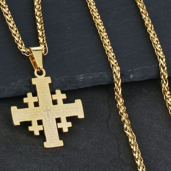 

religious holy bible verse necklaces for men women stainless steel jerusalem cross pendant chain necklace medieval jewelry nc123, Silver