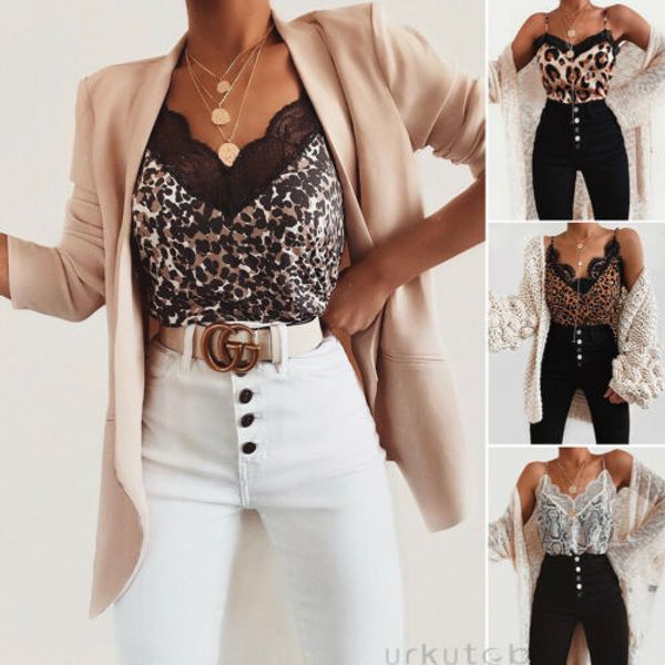 

women ladies summer casual leopard printed silk satin sleeveless lace mesh loose vest v-neck cami soft tank black white