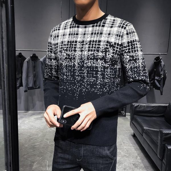 

autum winter man sweater long sleeve mens pullover classic plaid o-neck knitted men sweaters jumpers clothing, White;black