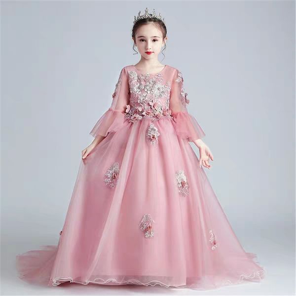 

children girls exquisite design model shows catwalk birthday wedding party princess long tail dress kids host costumes dresses, Red;yellow