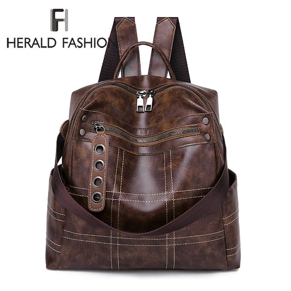 

herald fashion women soft leather backpack vintage female students school bag large backpacks multifunction travel bags mochila t200428