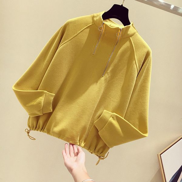 

half zipper short sweatshirt 2019 new female ins early autumn loose collar pullover drawstring waist coat tide women sweatshirt, Black