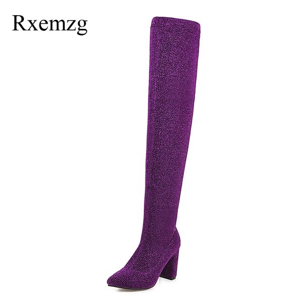 

rxemzg poined toe thick heels long boots bling stretch fabric over knie boots women leopard print shoes autumn winter 48, Black