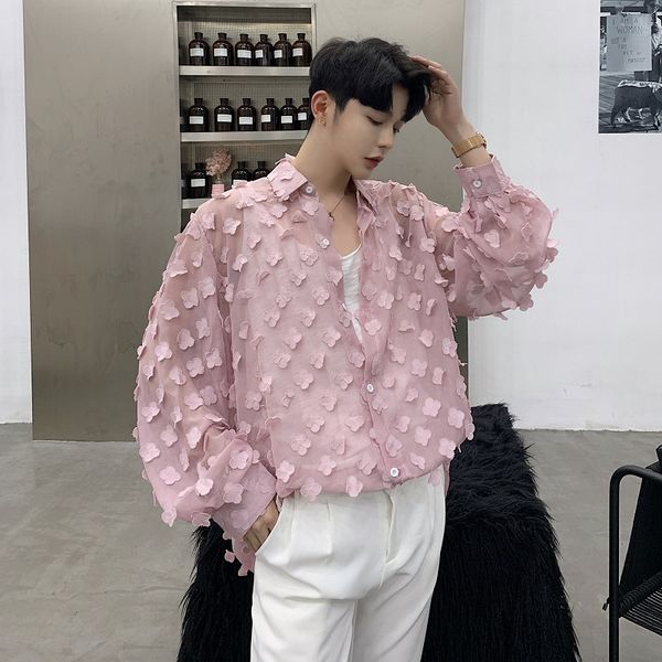 

men loose long sleeve thin translucent casual shirts male women lovers streetwear hip hop pink party dress shirts, White;black