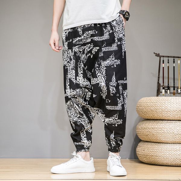 

men's pants men baggy harem hip hop cross joggers causal loose trousers streetwear wide leg cotton linen pantalones hombre, Black