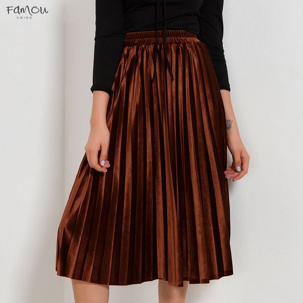 

Velvet Pleated Skirts Women Autumn Winter Fashion Streetwear Midi Skirt Ladies Hight Waist Skirt Black Casual Green