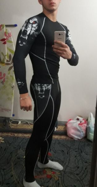 

men's skin-tight mma workout fitness suit compression shirts +pants rashguard clothing set cpd/p2l, Gray