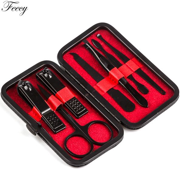 

7pcs black stainless steel cuticle pusher nail clipper scissor tweezer manicure set kit nail file art tools pedicure mill cutter