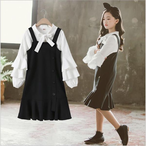 

kids clothes girls sets spring and autumn girls boutique outfits white shirt black dress 2 pcs sets kids outfits 6 8 10 12 t200414
