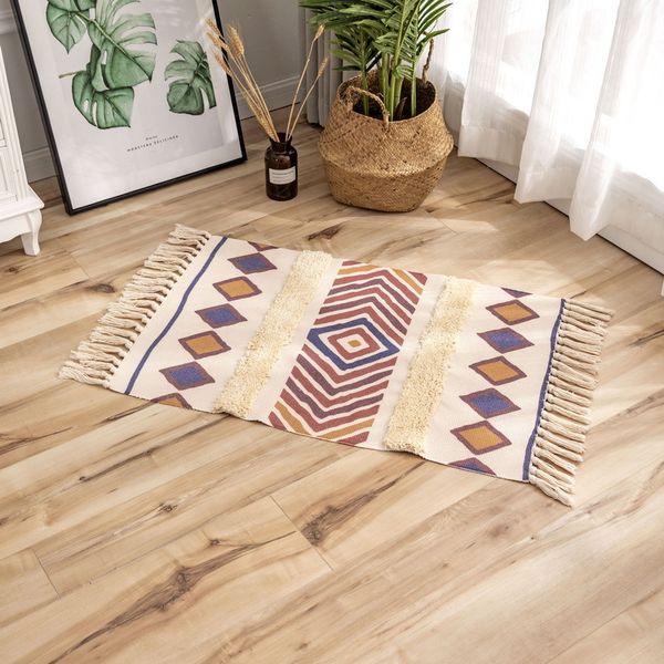 

Ethnic Style Floor Mat Nordic Carpet Simple Cotton and Linen Door Mat Bedroom Bedside Foot Pad Living Room Coffee Table Floort