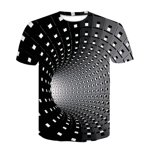 

3d black and white checked tunnel short sleeve t-shirt, summer boy hip hop funny personality print trend t-shirt, White;black