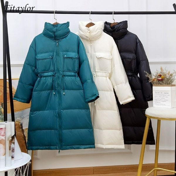

fitaylor 2020 winter women double collar thick warm down parkas casual female 90% white duck down long coat loose black outwear