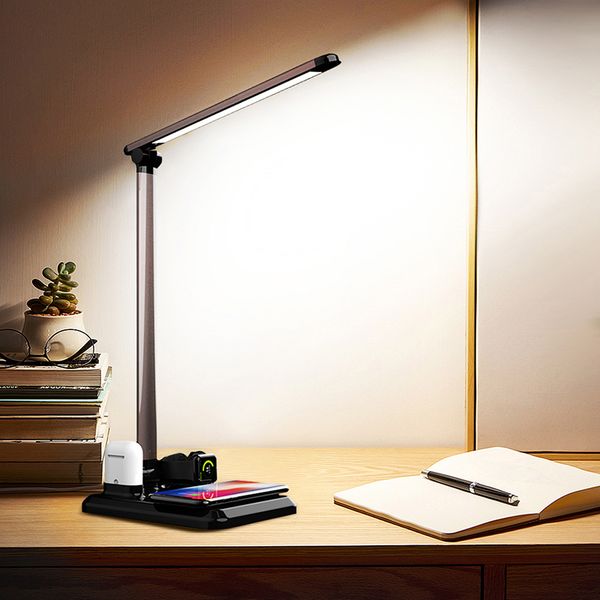 

led desk lamp 4 in 1 qi wireless charger reading desk lamp mobile phone watch earphone charging eye protection dimmer