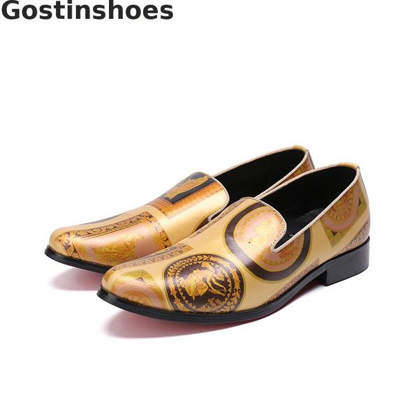 

men loafers golden color genuine leather printed men casual shoes low heel slip-on leisure shoes fashionable style, Black