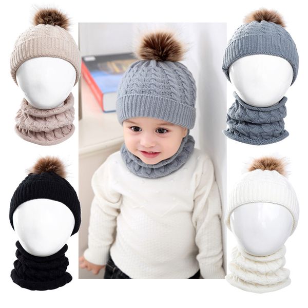 

2pcs cute kid девочка мальчик младенец младенец зима теплого вязание knit hat cap шапочка + шарф solid set, Blue;gray