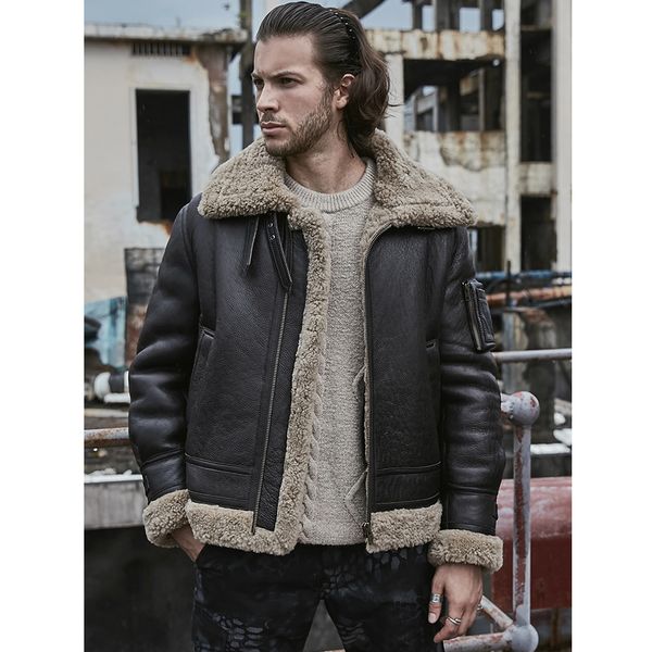 

2019 new mens b3 shearling jacket sheepskin coat short motorcycle leather jacket winter mens fur coat, Black