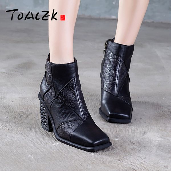 

vintage national style low-sleeve boots, autumn and winter new high-heeled women's shoes, leather square head boots, Black