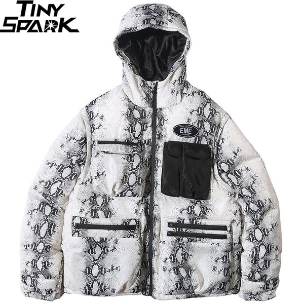

2019 hip hop hooded jacket parka snakeskin print men winter windbreaker streetwear harajuku padded jacket puffer coat outwear, Black