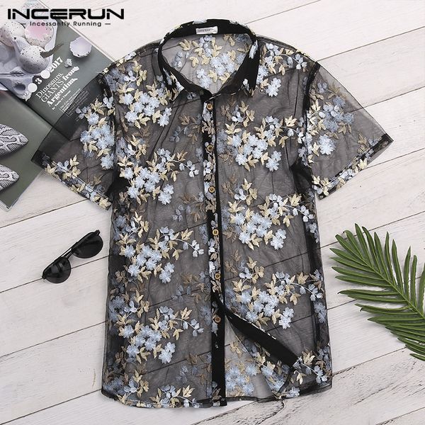 

incerun 2019 see through men shirt mesh fashion flower embroidered button male transparent short sleeve lace shirt men, White;black
