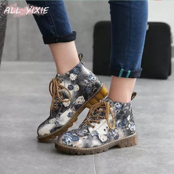 

all yixie 2019autumn women ankle boots low heels flower flats casual shoes woman oxfords lace-up motorcycle booties plus size 40, Black