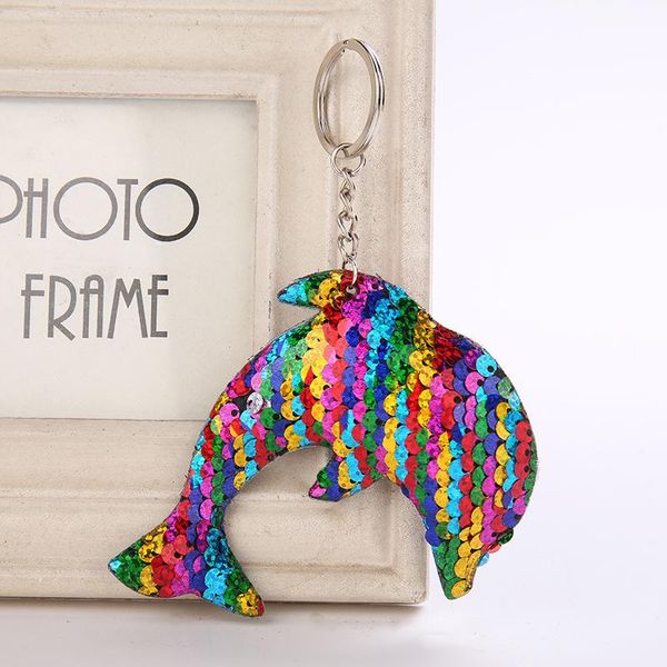 

50pcs/lot creative lovely sequin dolphin keychain glitter key rings gifts for women car bag pendant dolphine key chain, Slivery;golden