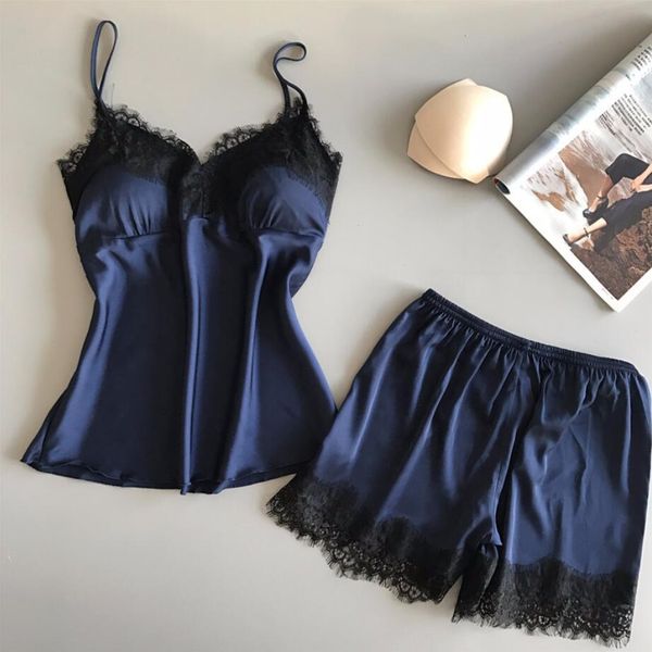 

women's sleepwear satin women pajama set black lace v-neck pyjamas women sleeveless solid shorts pijama with chest pad 947, Black;red