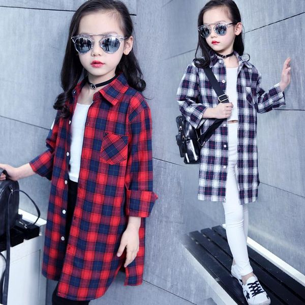 

детская одежда новая весна осень туники.женская решетки ребенка рубашки хлопка длинная часть девочки блуза 3-12 baby girl одежда, White;black