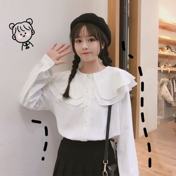 

chiffon blusas mujer de moda long sleeve shirts solid peter pan collar white blouses women's clothing sweet style autumn