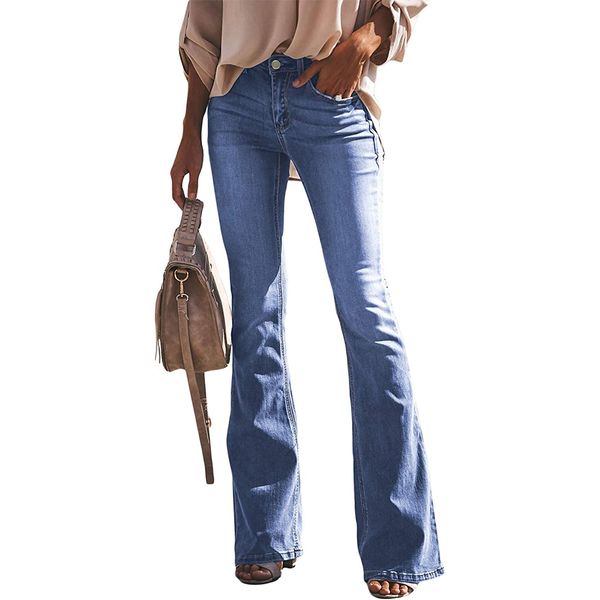 

women wide leg jeans classic stretchy flare bell bottom retro wash denim jeans pants size s-2xl, Blue