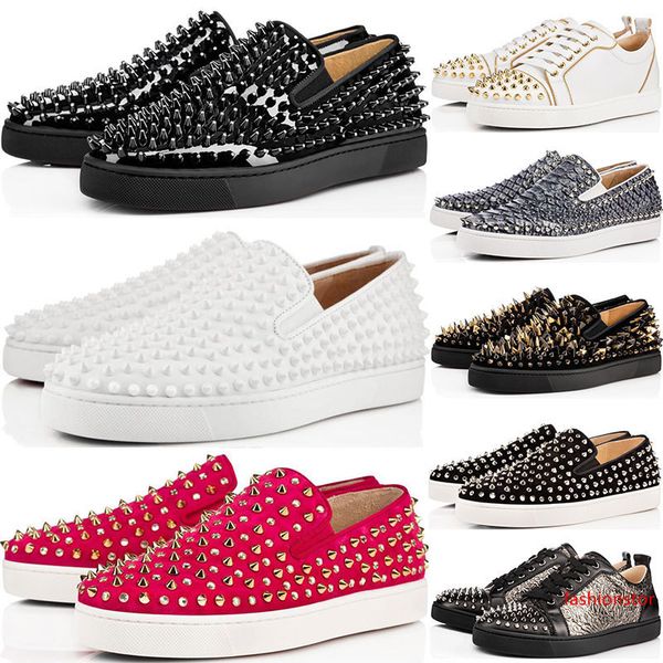 

2019 new designer studded spikes flats shoes red with flat bottoms shoes mens womens party lovers genuine leather sneakers size 36-46