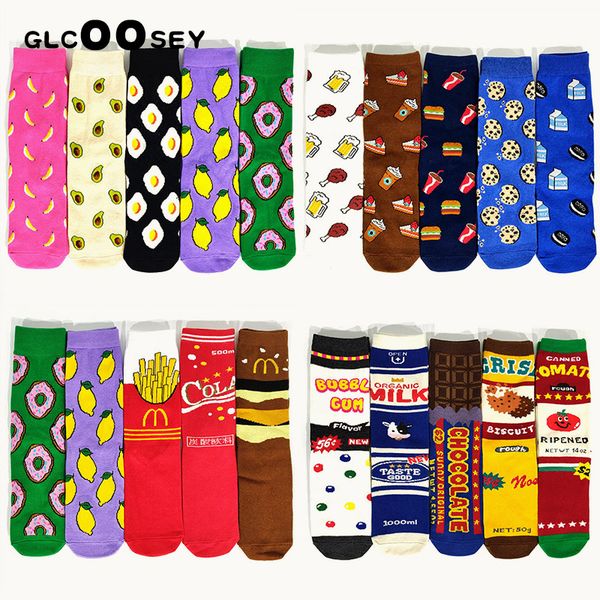 

5pairs/pack women socks funny cute cartoon fruits banana avocado lemon egg cookie donuts happy japanese harajuku skateboard, Black;white