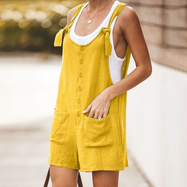 

boho beach cotton linen shorts jumpsuits women summer sleeveless rompers casual solid button pocket overalls playsuit female, Black;white