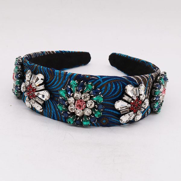 

baroque vintage blue headband rhinestone crystal flower queen crown tiara wide hairband hair accessories wedding hair jewelry, Golden;white