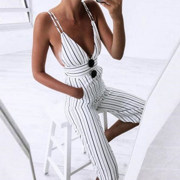 

women's jumpsuits & rompers fashion romper strip clothes pants v-neck clubwear strap sleeveless suit backless beachwear night jumpsuit, Black;white