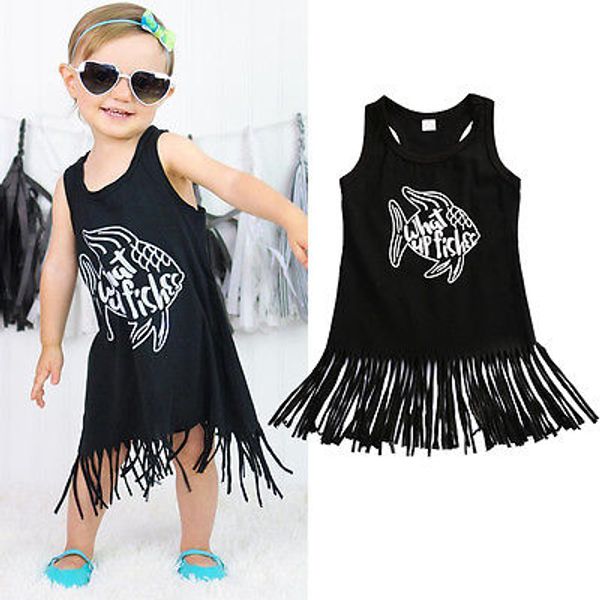 

emmababy toddler kids baby girl summer clothes sleeveless tassel black printed t-shirt dress black letter loose dress, Red;yellow