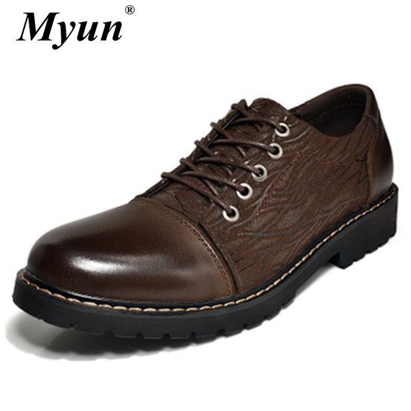 

autumn winter new men's brogue shoes male genuine leather work business shoes lace-up round toe wedding dress, Black