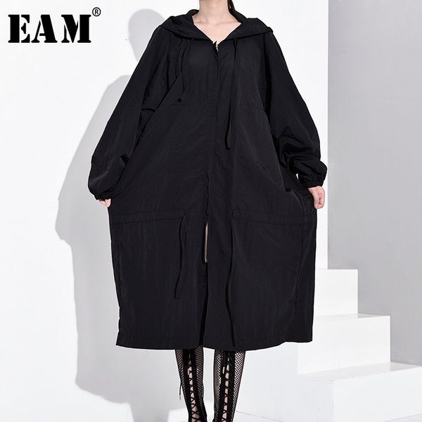 

eam] loose fit black oversized brief long jacket new hooded long sleeve women coat fashion tide autumn winter 2019 ob113, Black;brown